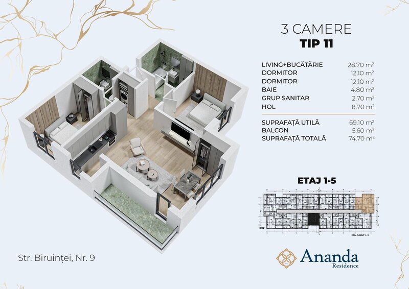 Ap 3 camere, decomandat,  spatios, ideal locuinta, direct dezvoltator